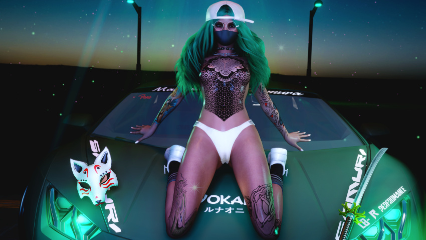 choker female glasses green_eyes green_hair green_light kneeling_position lamborghini livery mask mayumi_himura necklace night_sky nopixel oiled_skin oni_fans panties shoes socks sword tattoos topless wavy_hair