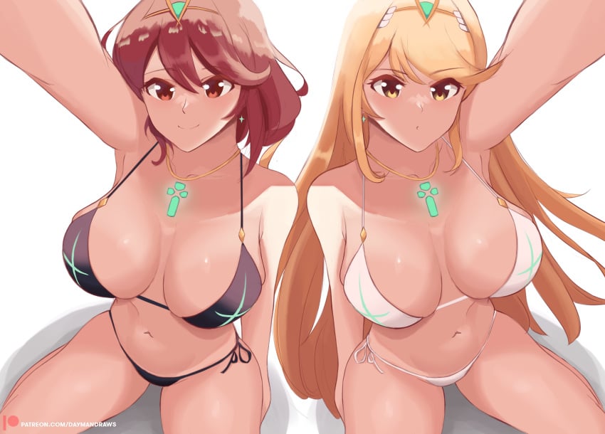 2022 2girls arm_up armpits bangs bikini black_bikini blonde_hair breasts cleavage core_crystal daymandraws female female_only gold_eyes hips huge_breasts kneeling light-skinned_female light_skin mythra nintendo pyra red_eyes red_hair selfie short_hair smile solo_female swept_bangs thick_thighs thighs white_background white_bikini wide_hips xenoblade_(series) xenoblade_chronicles_(series) xenoblade_chronicles_2