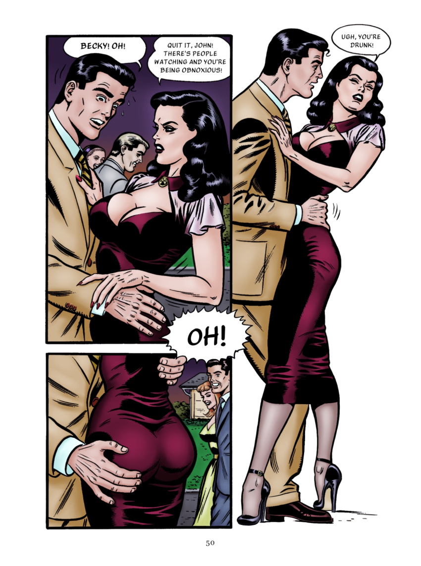 becky_(nicky) black_hair brown_eyes cleavage comic english_text high_heels large_breasts nicky page_50 stockings