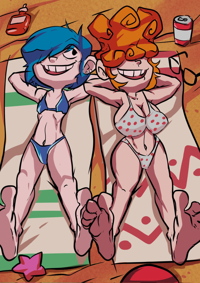 2022 2girls barefoot beach beach_towel bikini blue_hair bomb-h cartoon_network color digital_media_(artwork) ear_piercing earrings ed_edd_n_eddy flat_chest glasses hi_res kanker_sisters large_breasts lee_kanker marie_kanker multiple_girls orange_hair outside piercing sand sisters soda soda_can starfish suntan_lotion