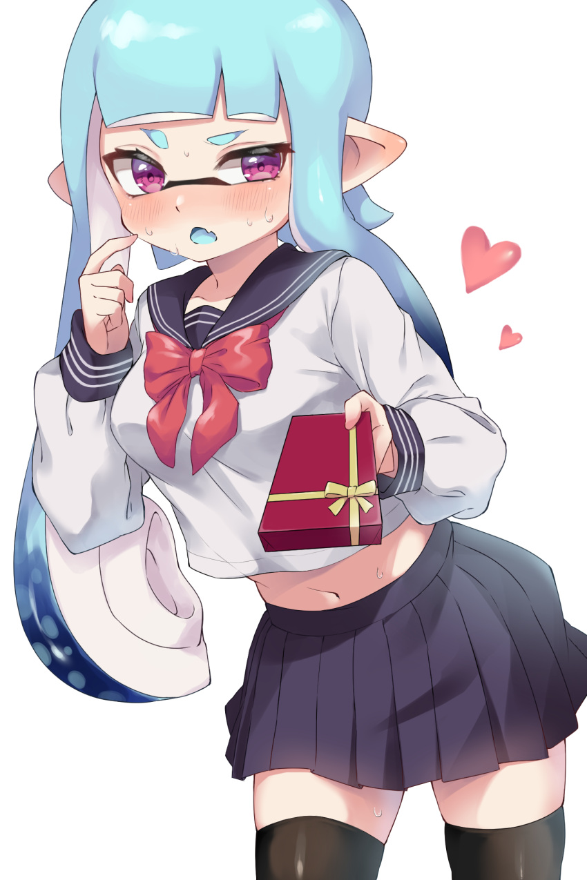 agent_3_(splatoon) black_skirt black_stockings blue_hair gift gift_box gift_wrapped girly inkling inkling_girl nintendo pengin_maru purple_eyes school_uniform shy splatoon splatoon_(series) sweat tagme tentacles white_shirt white_skinned_female