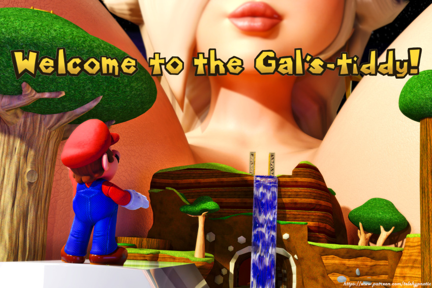 1boy 1girls 2022 3d big_breasts big_lips blonde_hair breasts female giantess gigantic_breasts grass huge_breasts large_breasts lipstick long_hair mario mario_(series) meme nintendo princess_rosalina red_lips red_lipstick shiny_breasts shiny_skin space super_mario_galaxy telehypnotic text trees water waterfall white_skin yellow_hair