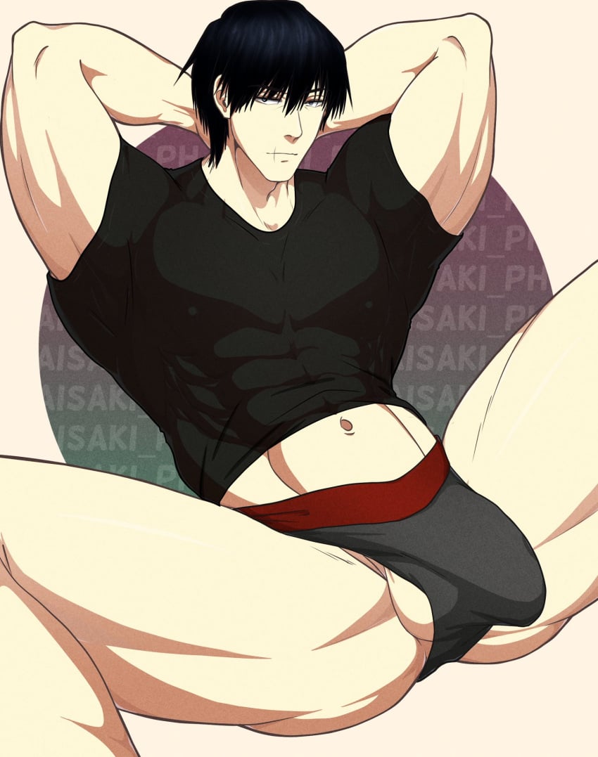 1boy abs aisaki_ph2 aisakiph armpits bara big_nipples big_penis censored cock jujutsu_kaisen male_only manspreading muscle muscular muscular_male nipple_bulge nipples penis toji_fushiguro