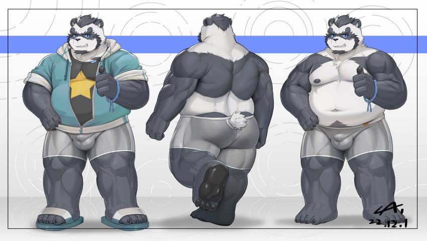 2022 absurd_res anthro ass balls_outline bear belly big_belly bottomwear bulge cai1448331577 clothing footwear genital_outline giant_panda hi_res hoodie kemono male mammal model_sheet moobs navel nipples penis_outline sandals shirt shorts solo topwear ursid