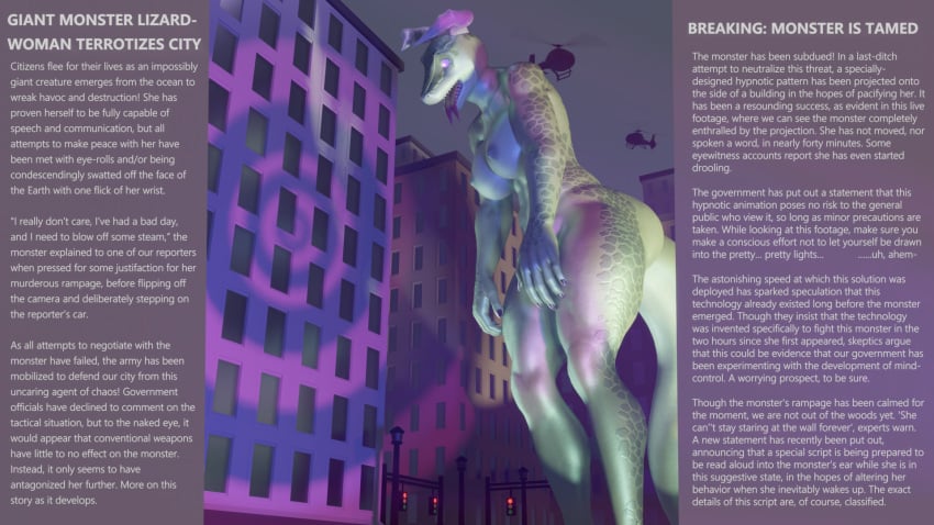 brainwashing breasts buildings caption dragon dragon_girl female femsub giantess green_body green_scales helicopter hypnosis hypnotized hypnotized_female lizard lizard_girl mind_control monster_girl naked naked_female nude nude_female reptile scalie tech_control text tongue_out unusual_pupils