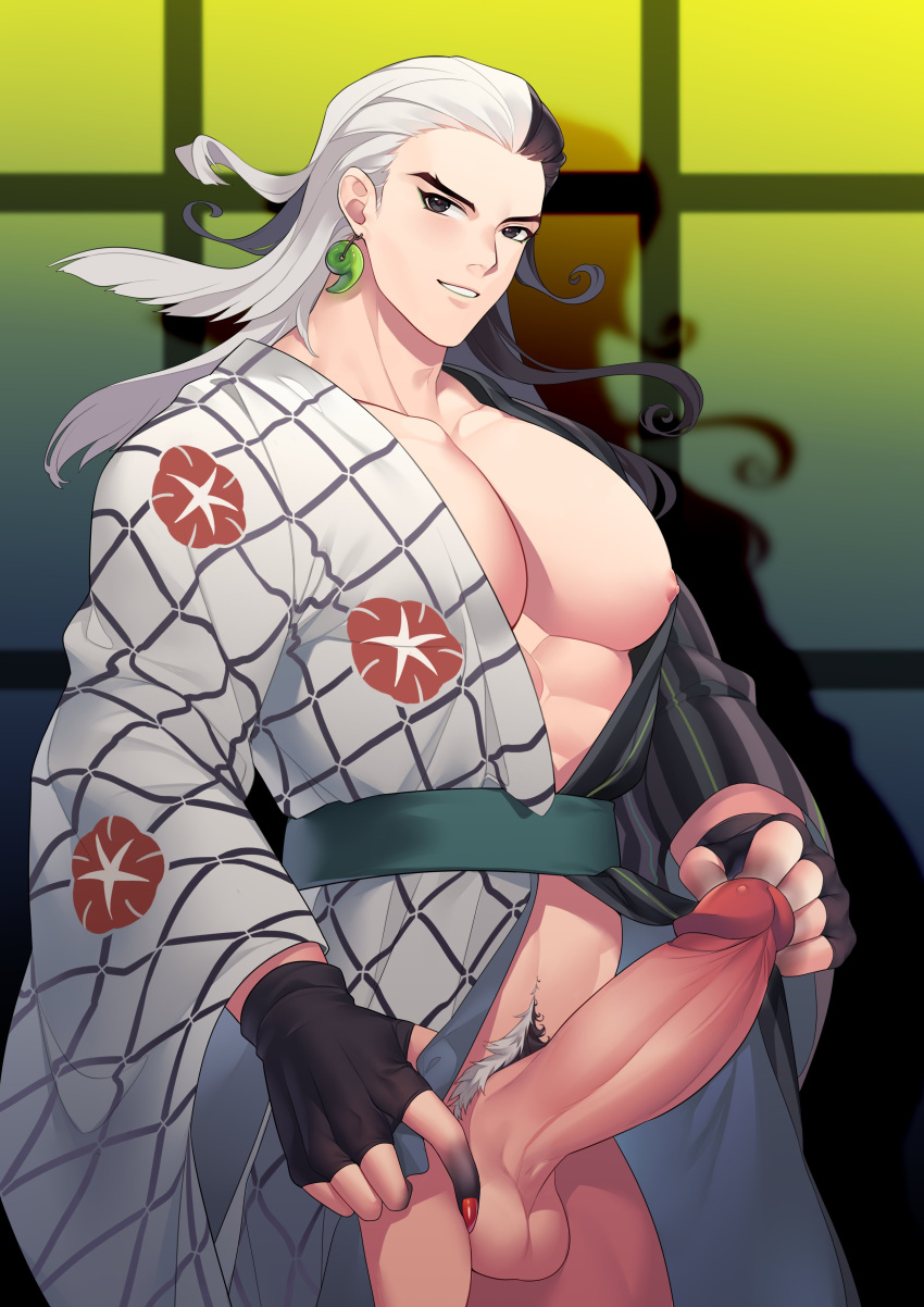 1boy ashiya_douman_(fate) bad_id bad_twitter_id big_penis black_and_white_hair etap fate/grand_order fate_(series) japanese_clothes japanese_clothing kimono looking_at_viewer magatama magatama_earrings male male_only multicolored_hair open_clothes open_kimono open_yukata pubic_hair solo source_deleted tagme traditional_clothes yukata