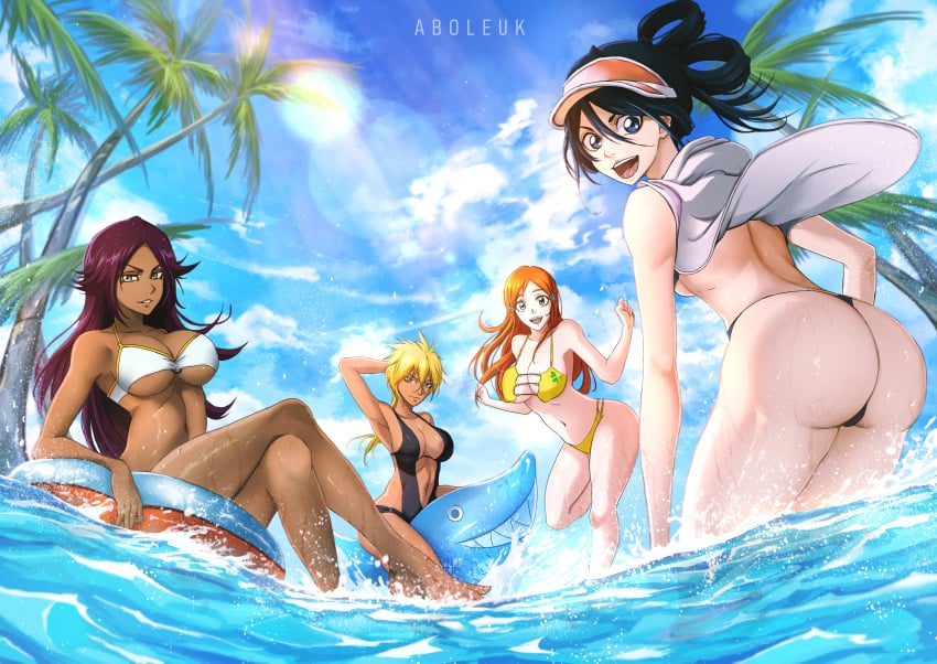 4girls aboart aboleuk absurdres ass beach big_ass bikini black_bikini black_hair bleach blonde_hair blue_eyes breasts brown_eyes dark-skinned_female dark_skin female female_only highres inoue_orihime kuchiki_rukia large_breasts long_hair looking_at_viewer low_ponytail medium_breasts multiple_girls ocean orange_hair purple_hair shihouin_yoruichi smile swimsuit tia_harribel white_bikini yellow_bikini