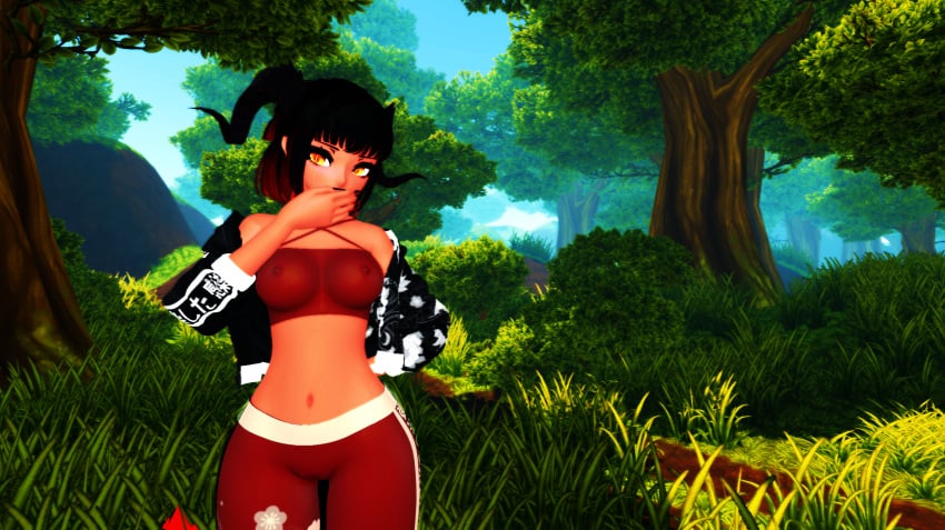 1girls 3d adc_vr adcvr areolae aydee black_hair boyfu breasts casual dark-skinned_female dark_nipples dark_skin dragon dragon_girl female female_only forest horns indie_virtual_youtuber nipples nipples_visible_through_clothing solo thick_thighs virtual_youtuber vrchat vrchat_avatar x-ray