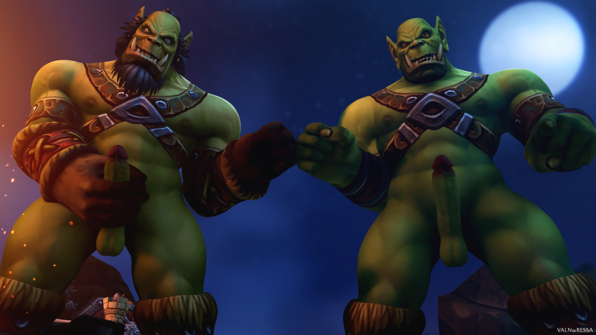 2boys 3d blizzard_entertainment fist_bump green_skin large_penis male male_only masturbation orc orc_(warcraft) orc_male valnoressa warcraft world_of_warcraft