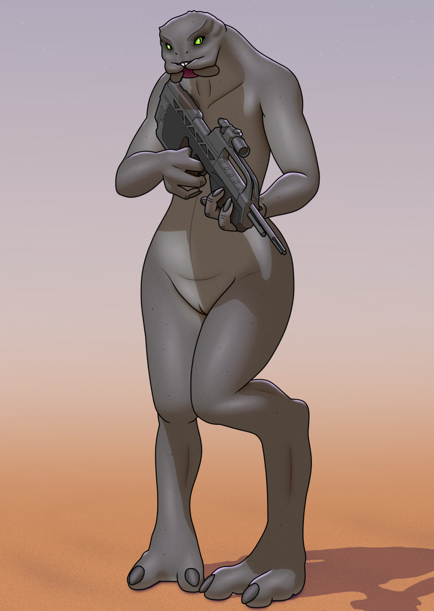 2021 2_toes 4_fingers absurd_res alien battle_rifle_(halo) digital_media_(artwork) feet female female_sangheili fingers genitals green_eyes grey_body grey_skin gun halo_(series) hi_res holding_object holding_weapon humanoid mandibles microsoft nude pussy random73 ranged_weapon rifle sand sangheili sangussy simple_background solo some_sangheili toes video_games weapon wide_hips xbox_game_studios