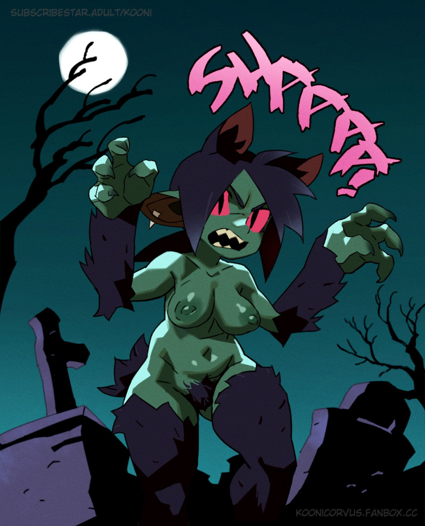 1girls 4_fingers big_breasts black_body black_fur black_hair breasts claws digital_media_(artwork) ear_piercing english_text female fingers frown full_moon fur gobbo_(kooni) goblin goblin_female green-skinned_female green_body green_skin hair halloween hi_res holidays humanoid humanoid_pointy_ears inner_ear_fluff kooni mammal moon navel night nipples nude open_mouth outside piercing plant pubes pupils red_sclera sharp_teeth short_stack shortstack sky slit_pupils solo teeth text tombstone tree tuft were weregoblin