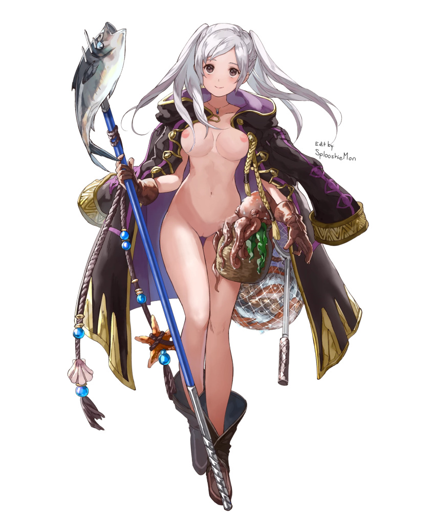 1girls boots braid breasts brown_eyes coat edit female female_only fire_emblem fire_emblem_awakening fire_emblem_heroes fish fishing_net functionally_nude functionally_nude_female gloves grey_hair medium_breasts medium_hair naked_boots naked_coat naked_gloves navel necklace net nintendo nipples nude nude_female nude_filter pussy robin_(female)_(summer)_(fire_emblem) robin_(fire_emblem) robin_(fire_emblem)_(female) smile solo spear splooshiemon twintails weapon