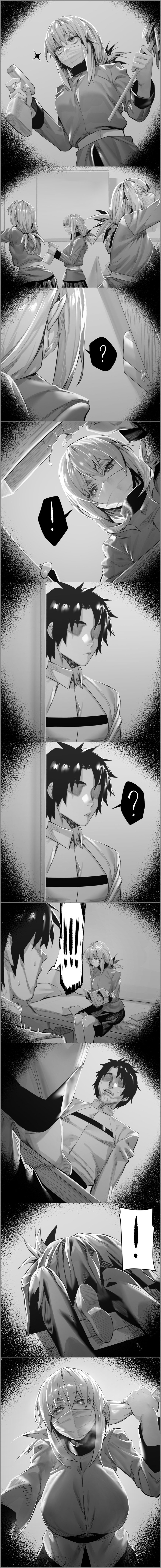 1boy 1girls breasts comic comic_strip face_mask fate/grand_order fate_(series) female female_on_top florence_nightingale_(fate) french_braid fujimaru_ritsuka_(male) greyscale highres hxd imminent_sex indoors large_breasts long_hair long_image male monochrome mouth_mask reading short_hair sitting uniform