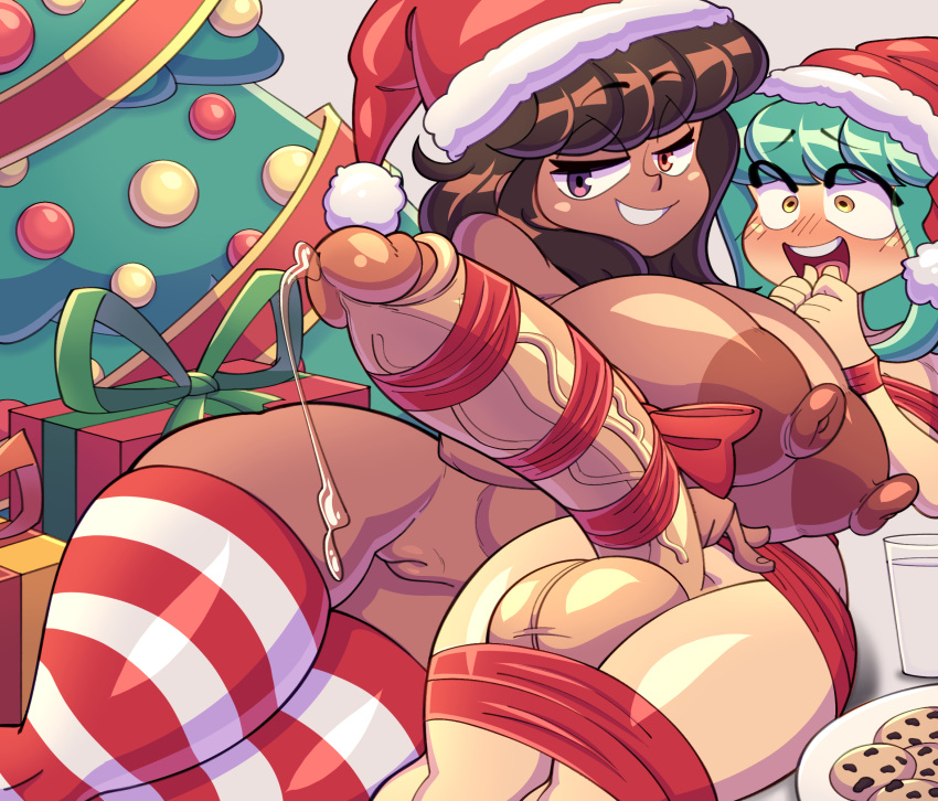 1futa 1girls 2022 areolae balls bangs blush breasts brown_hair christmas dark-skinned_female dark_skin duo erection female futanari gift_wrapped green_hair heather_(kaapcom) huge_balls huge_breasts huge_cock human irenne kaapcom_(artist) larger_female light-skinned_futanari light_skin medium_breasts nipples nude on_back penis ribbon sidelocks size_difference small_breasts small_but_hung smaller_futanari thick_thighs wide_hips