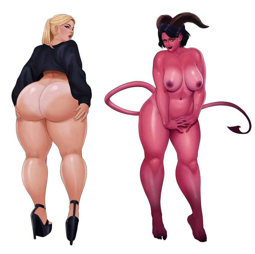 2girls big_ass big_breasts big_butt black_hair blonde_hair colored_skin completely_nude completely_nude_female demon demon_girl demon_horns demon_tail female female_focus female_only high_heels horns human humanoid light-skinned_female light_skin looking_at_viewer luenartt mostly_nude multiple_girls naked naked_female nipples no_bra no_panties nude nude_female original red_nipples red_skin short_hair tail thick wide_hips