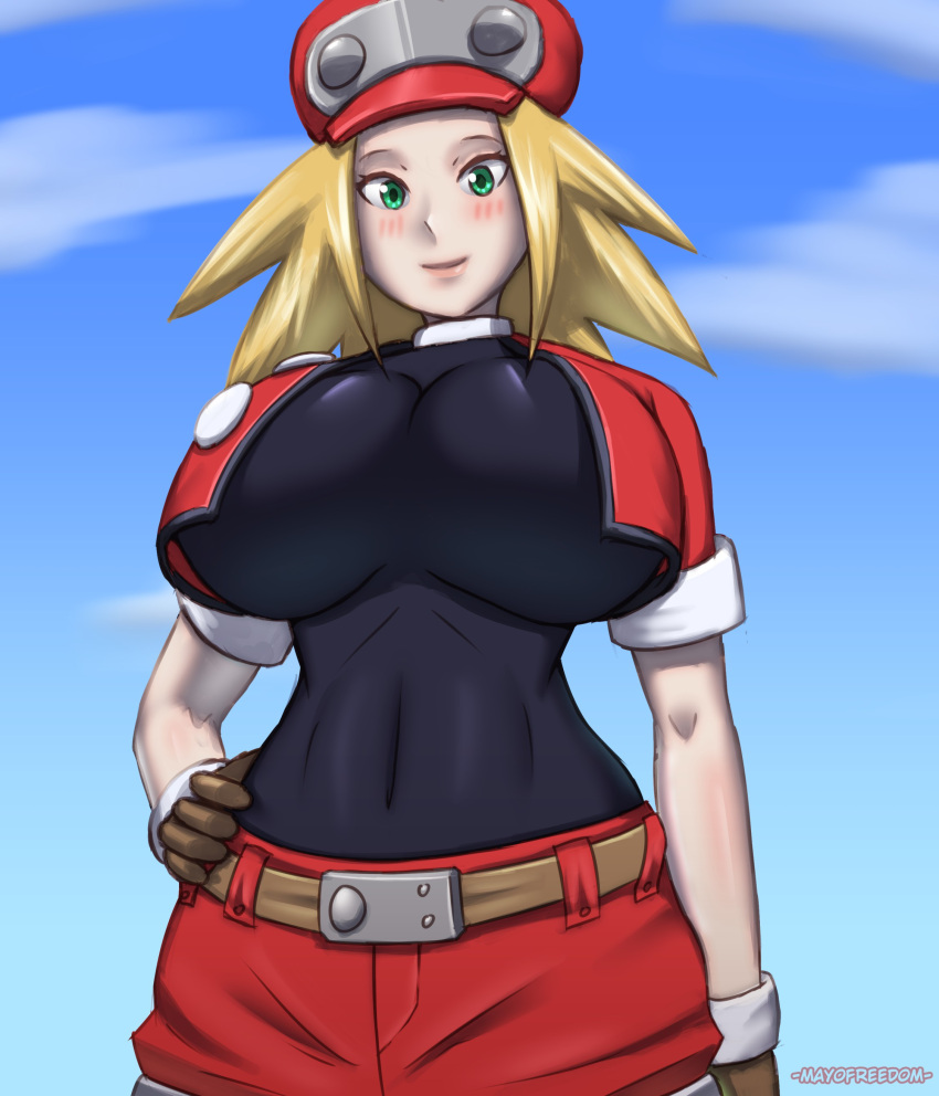 1girls blonde_hair female green_eyes hat large_breasts mayofreedom mega_man mega_man_legends roll_caskett solo tagme wide_hips