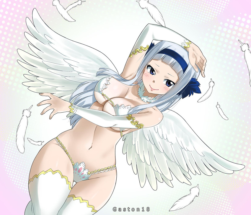 1girls angel angel_(fairy_tail) angel_wings big_breasts bikini bikini_top blue_eyes blush breasts clothing fairy_tail gaston18 hair_ornament navel seductive seductive_smile smile solo sorano_aguria thick_thighs vagina white_hair wide_hips