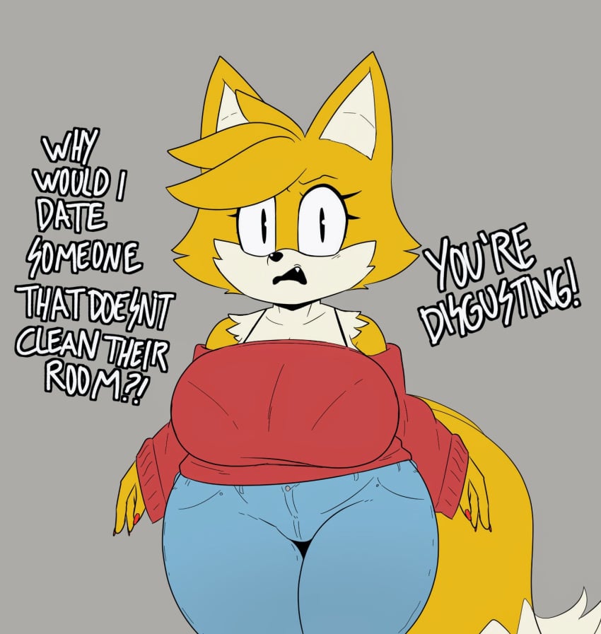 1girls 2_tails angry anthro ass berkthejerk big_breasts black_eyes breasts clothed clothing degradation dialogue english_dialogue english_text fang female fox fox_ears fox_girl fox_tail fur furry furry_female furry_only genderswap genderswap_(mtf) huge_ass large_breasts looking_at_viewer multi_tail plump rule_63 sega sonic_(series) sonic_the_hedgehog_(series) tail tails tailsko thick_thighs