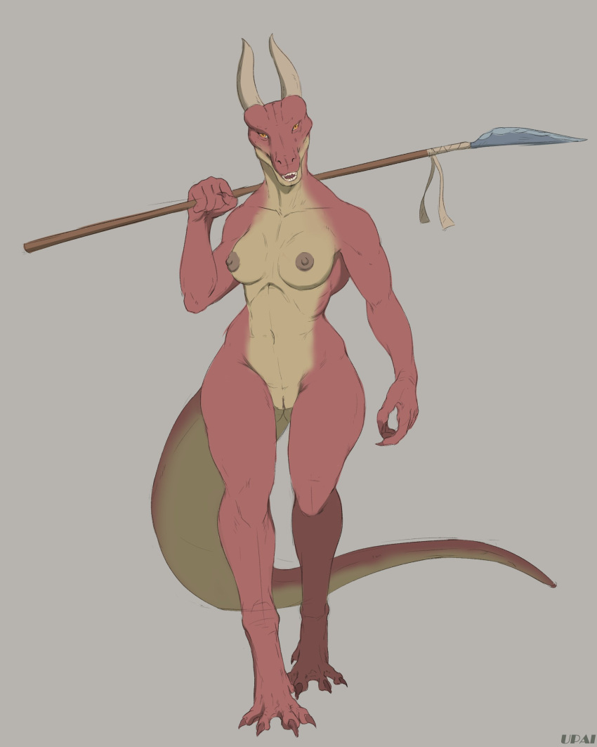 4:5 absurd_res anthro areola artist_name brown_areola brown_nipples claws female finger_claws front_view full-length_portrait genitals grey_background hi_res holding_object holding_spear holding_weapon horn looking_at_viewer melee_weapon nipples nude open_mouth orange_eyes polearm portrait pussy red_body red_claws simple_background solo spear species_request standing tan_body tan_breasts tan_horn tan_pussy teeth toe_claws upai weapon