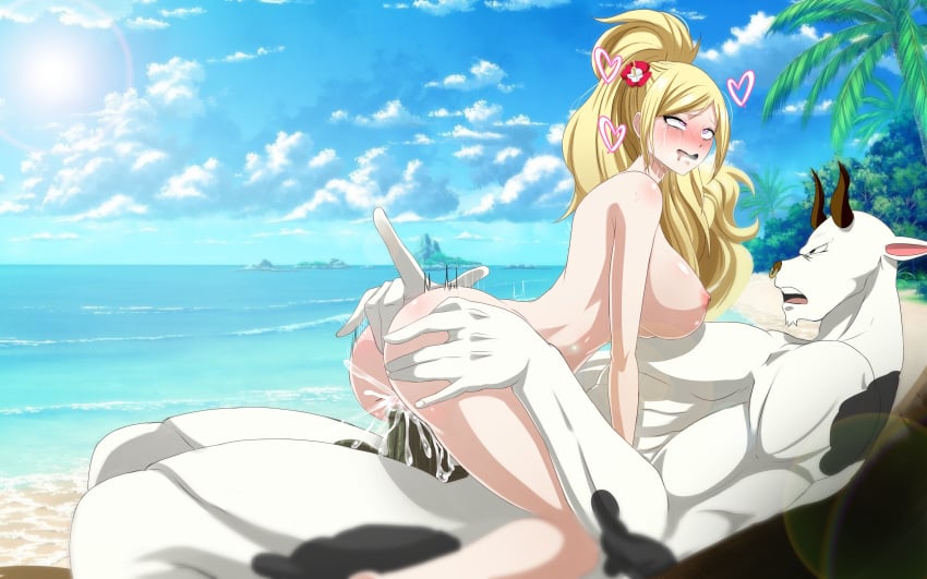 ass ass_focus beach big_breasts blonde_hair breasts cum cum_in_pussy excessive_cum fairy_tail hd heart jenny_realight smile taurus_(fairy_tail) the_amazing_gambit