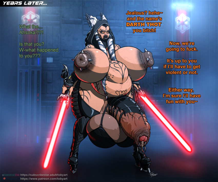 1futa 2021 ahsoka_tano areolae balls big_lips bimbo bimbofication black_lipstick breasts corruption dialogue english_text futa_only futanari gigantic_penis gigantic_testicles huge_breasts huge_nipples huge_penis huge_testicles humanoid humanoid_penis laser_sword light_sword nipple_piercing nipples nude overweight overweight_futanari partially_retracted_foreskin penis piercing precum solo standing star_wars star_wars_rebels text thick_penis toby_art togruta uncut veiny_breasts veiny_penis