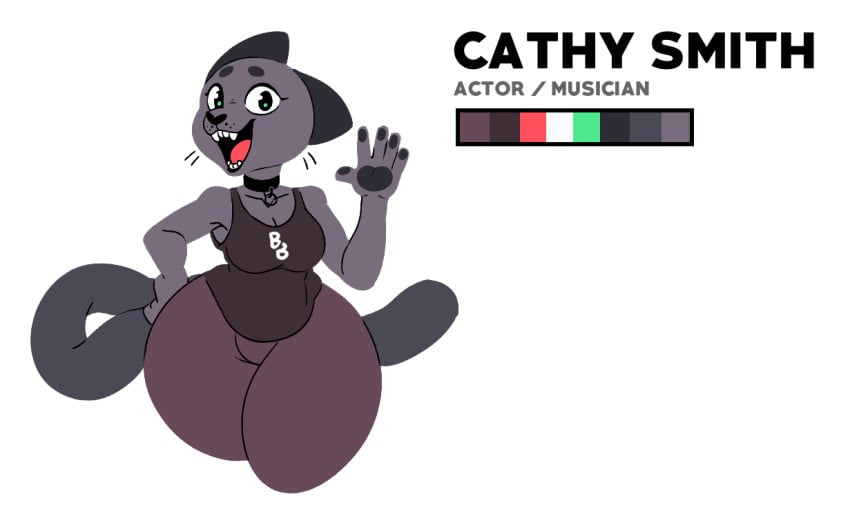 1girls anthro beat_banger breasts bunfan_games bunfangames cat cathy_(komdog) cathy_smith character_name choker clothed felid feline felis female female_only furry grey_body grey_fur komdog komponi large_tail long_tail official_art pawpads solo solo_female tail thick thick_thighs waving