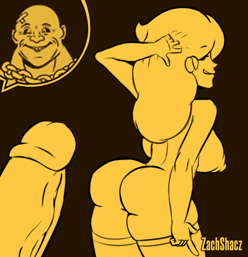 big_ass big_breasts dot_eyes fallout fallout_new_vegas half-closed_eyes hand_on_hair long_hair looking_back mob_face naked nude penis smile smirk super_mutant thick_thighs thighhighs vault_girl zachshacz