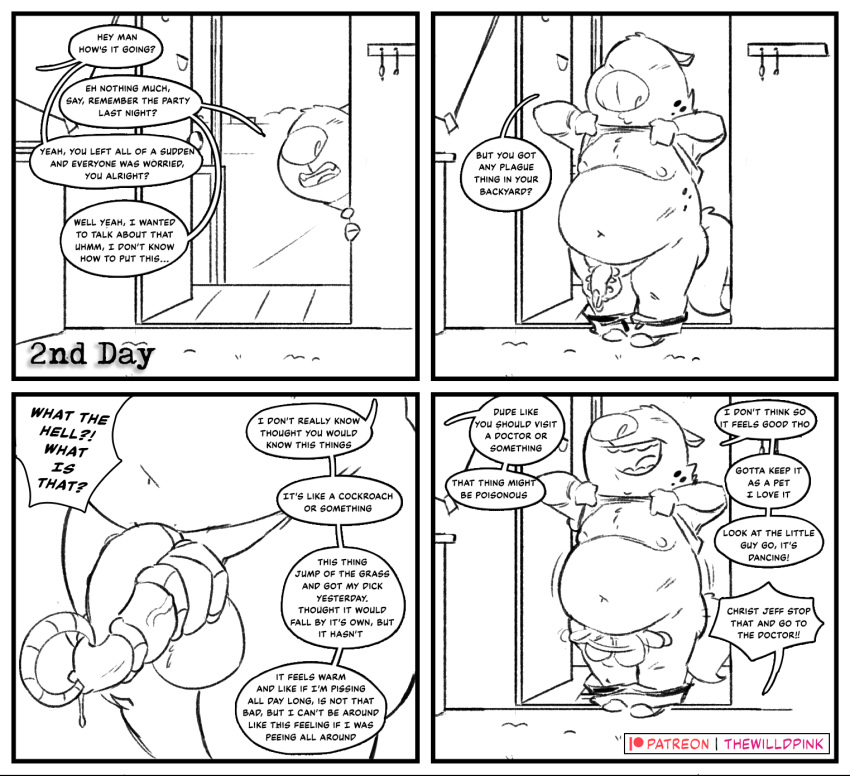 1boy alien anthro comic english_text hi_res hyaenid jeffrey_taggart male male_only mammal monochrome no_nut_november page_2 page_number slightly_chubby solo thewilldpink