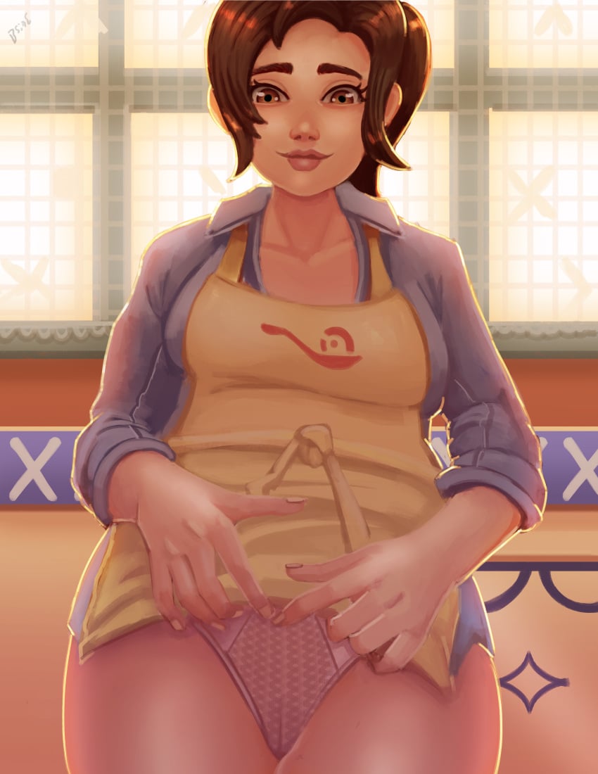 1girls alternate_version_available apron blue_shirt bottomwear brown_eyes brown_hair earrings female female_only game_freak hair lips mature mature_female mature_woman milf mother mother_(pokemon_sv) panties panties_kittens pink_panties pokemon pokemon_sv shirt solo solo_female topwear yellow_apron