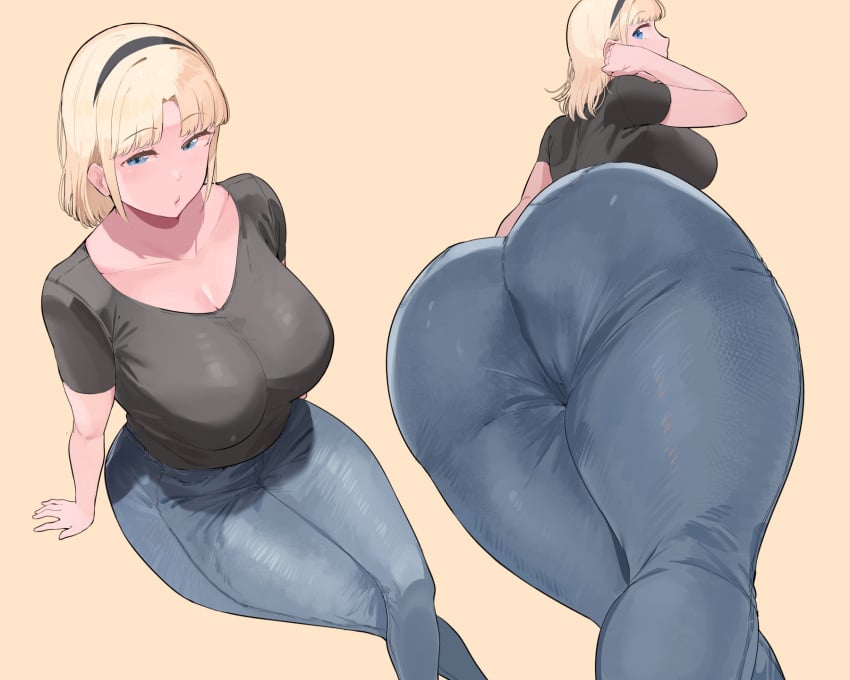 1girls big_ass big_breasts big_butt blonde_girl_(okpriko) blonde_hair blue_eyes clothed dat_ass female_only high-angle_view huge_ass jeans legs_crossed looking_at_viewer low-angle_view okpriko original parted_lips short_hair sitting solo solo_female solo_focus tagme thick_ass thick_thighs wide_hips