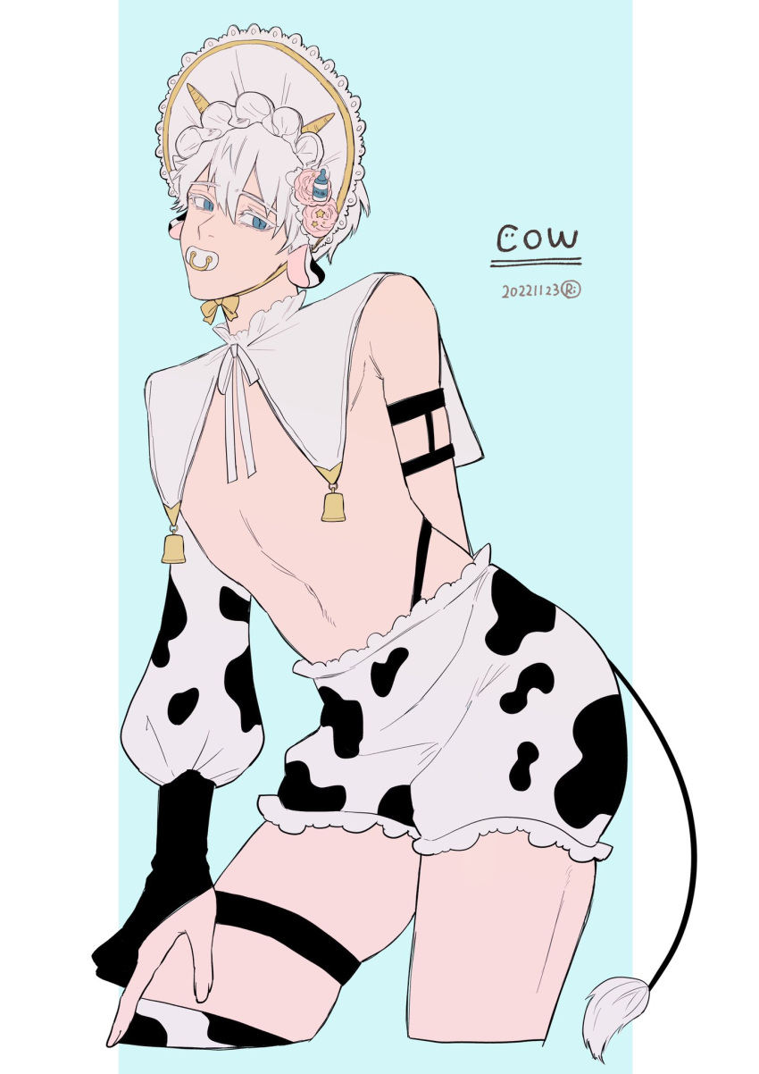 1boy albino belly_button bikini bishonen blonde_hair blue_body blue_eyes blush cow_bikini cow_boy cow_ears cow_horns cow_print cow_print_bikini crossdressing effeminate embarrassed femboy femboy_only girly jujutsu_kaisen light-skinned_male light_skin looking_at_viewer male male_focus male_only meiyou milk milk_bottle satoru_gojo short_hair simple_background solo solo_focus sweat tail testicles trap twink white_eyelashes white_hair