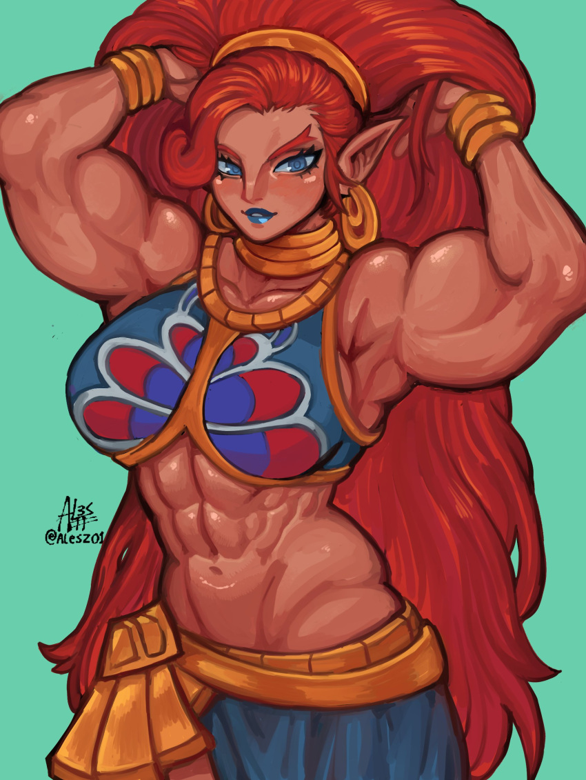 1girls abs al3s arms_behind_head bare_midriff biceps big_breasts blue_eyes blue_lipstick bracelet bracelets breasts breath_of_the_wild busty curvy dark-skinned_female dark_skin exposed_midriff eye_contact female female_focus female_only front_view gerudo hairband hi_res high_resolution highres hyper large_breasts lipstick long_ears long_hair looking_at_viewer midriff muscular muscular_arms muscular_female navel nintendo pointy_ears pov_eye_contact red_hair smile smiling smiling_at_viewer solo solo_female solo_focus tagme the_legend_of_zelda toned toned_body toned_female urbosa voluptuous