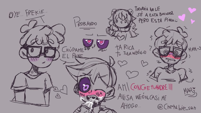 2boys after_fellatio artist_signature blush cherubiesan chilean clothing cum cum_in_mouth dialogue digital_drawing_(artwork) gay glasses heart-shaped_pupils looking_at_penis looking_pleasured lord_frek luisardo male/male male_only penis peruvian purple_eyes short_hair simple_background spanish_text text_bubble twitter_username yaoi youtube youtube_hispanic