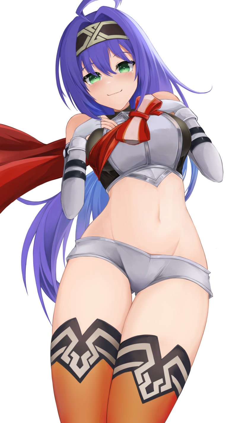 1girls ahoge alternate_costume ass_visible_through_thighs bangs bare_shoulders bare_thighs black_hairband breasts commentary_request cowboy_shot crop_top elbow_gloves female female_only fingerless_gloves fire_emblem fire_emblem:_path_of_radiance fire_emblem:_radiant_dawn fire_emblem_heroes gloves green_eyes grey_gloves grey_shorts hair_between_eyes hairband highres large_breasts long_hair looking_at_viewer mia_(fire_emblem) micro_shorts midriff navel nintendo official_alternate_costume orange_thighhighs purple_hair ryuusaki_rei shirt shorts simple_background sleeveless sleeveless_shirt smile solo standing stomach thick_thighs thighhighs thighs very_long_hair white_background