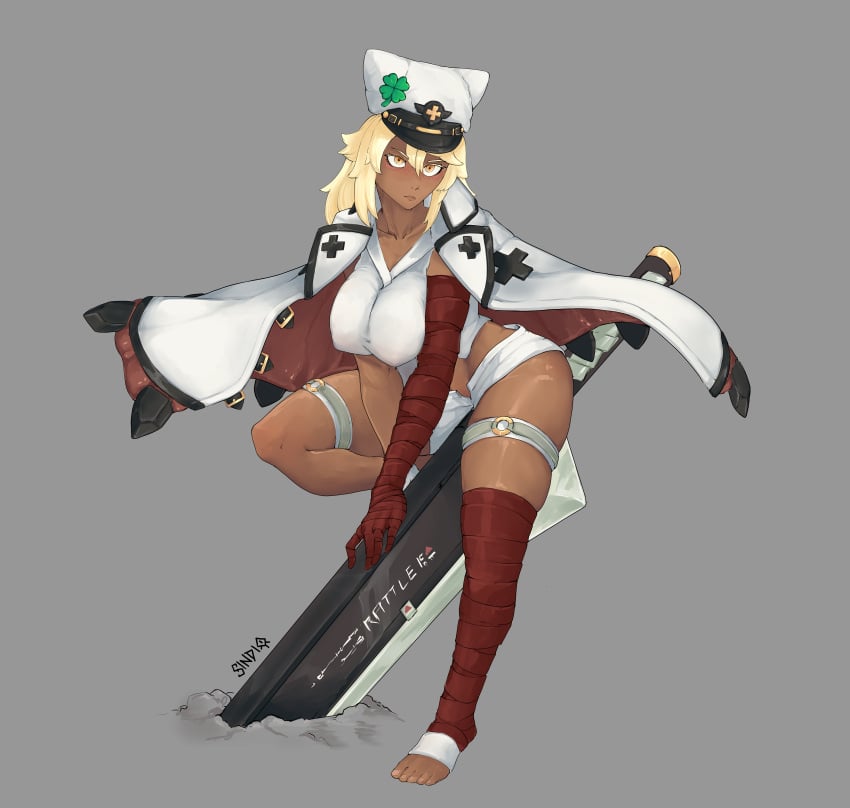 blonde_hair bored cape dark_skin gloves guilty_gear guilty_gear_strive long_hair ramlethal_valentine science_fiction shorts sindio sword tan_body thick_ass thick_thighs thighhighs tight_clothing tight_shirt uniform yellow_eyes