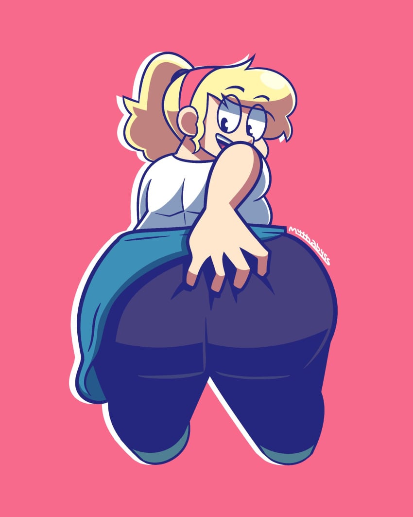 ass big_ass big_butt black_eyes blonde_hair cartoon_network female female_focus female_only grabbing_own_ass mythabyss overweight overweight_female sadie_miller steven_universe thick_thighs thighs tight_clothing tights