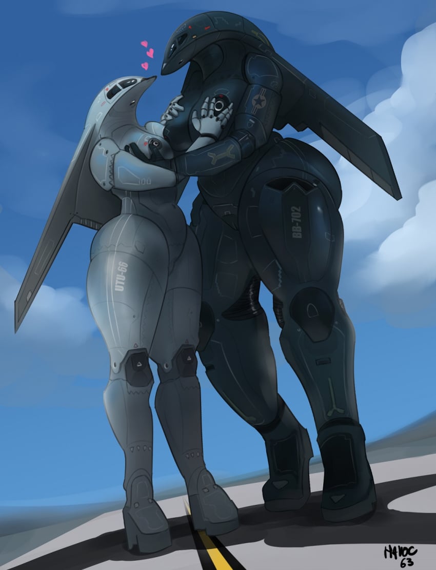 aeromorph aircraft aircraft_humanoid anthro b-2 b-21 b-2_spirit big_breasts black_body breasts cloud curvy_figure duo female female/female grey_body havoc63 hi_res living_aircraft living_machine living_vehicle machine runway sky thick_thighs u.s._air_force vehicle wings yuri