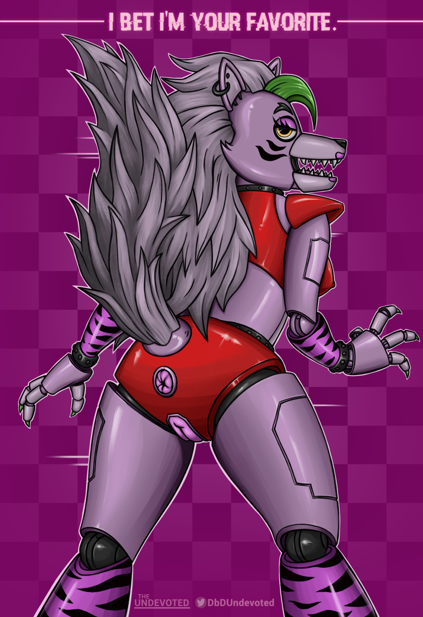 1girls animatronic anthro anus breasts canine female female_only five_nights_at_freddy's five_nights_at_freddy's:_security_breach fnaf genitals looking_at_viewer looking_back nipples open_mouth pussy roxanne_wolf_(fnaf) solo tail text the_undevoted thighs video_games wolf