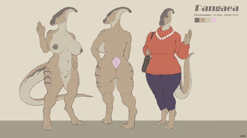 anthro areola artist_name ass barefoot bead_necklace blue_bottomwear blue_clothing blue_pants bottomwear closed_smile clothed clothing color_swatch dinosaur feet female front_view gesture grey_areola grey_nipples grey_stripes hadrosaurid hi_res looking_at_viewer model_sheet mouth_closed nipples nude ornithischian pants parasaurolophus rear_view red_clothing red_topwear reptile scalie simple_background solo standing striped_legs stripes tan_body tan_eyes topwear upai waving waving_at_viewer