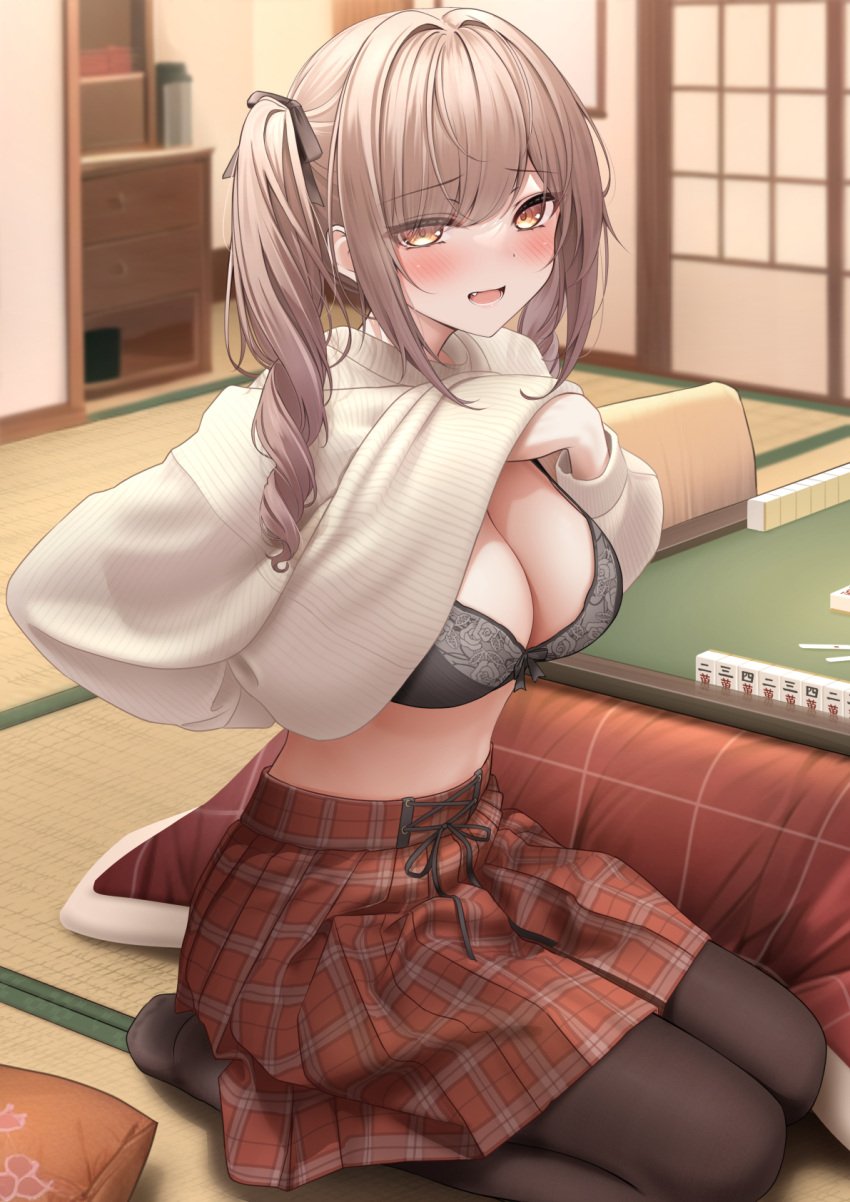 amber_eyes bangs black_bra black_ribbon blush bra breasts brown_hair clothes_lift come_hither commentary_request eyes_visible_through_hair female hair_ornament hair_ribbon hand_under_clothes highres indoors large_breasts long_hair long_sleeves looking_at_viewer mahjong monaka_curl original pantyhose parted_lips red_skirt ribbon shirt_lift side_ponytail skirt solo sweater underwear white_sweater