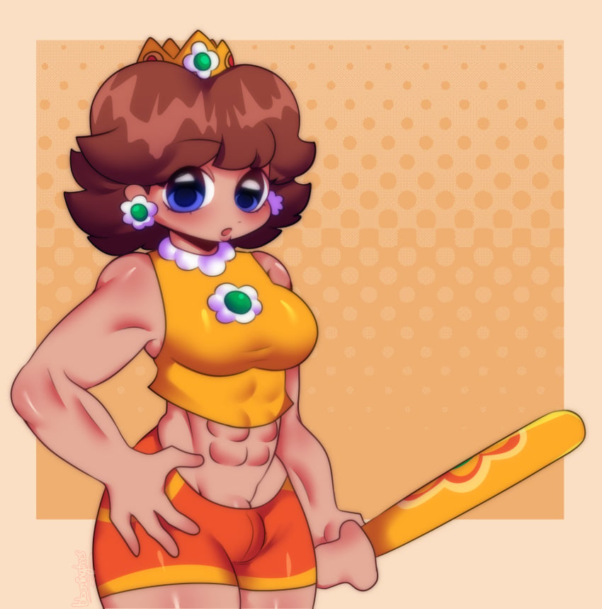 1futa baseball_bat blue_eyes breasts brown_hair bulge bulge_through_clothing clothed clothing fully_clothed futa_only futanari human light-skinned_futanari light_skin mario_(series) mario_super_sluggers muscular muscular_futanari princess_daisy self_upload short_hair solo sports standing tan