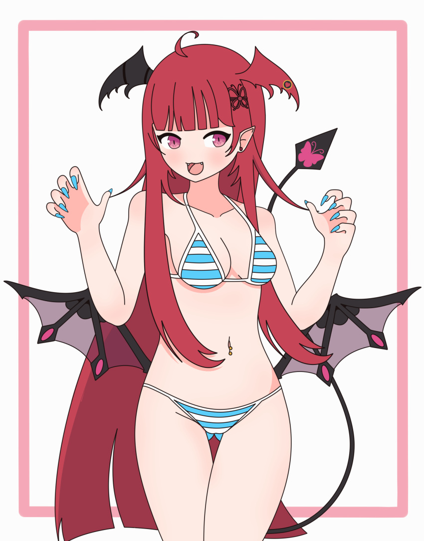 1girls absurd_res ahoge belly belly_button belly_tattoo bikini butt_fang demon_girl demon_horns demon_tail demon_wings digital_media_(artwork) fangs female female_focus female_only long_hair long_nails luto_araka medium_breasts nail_polish noality petite pink_eyes prism_project purple_eyes red_hair solo solo_female solo_focus striped succubus succubus_tail succubus_wings swimsuit tail tattoo tattoo_on_belly tummy virtual_youtuber vtuber white_background