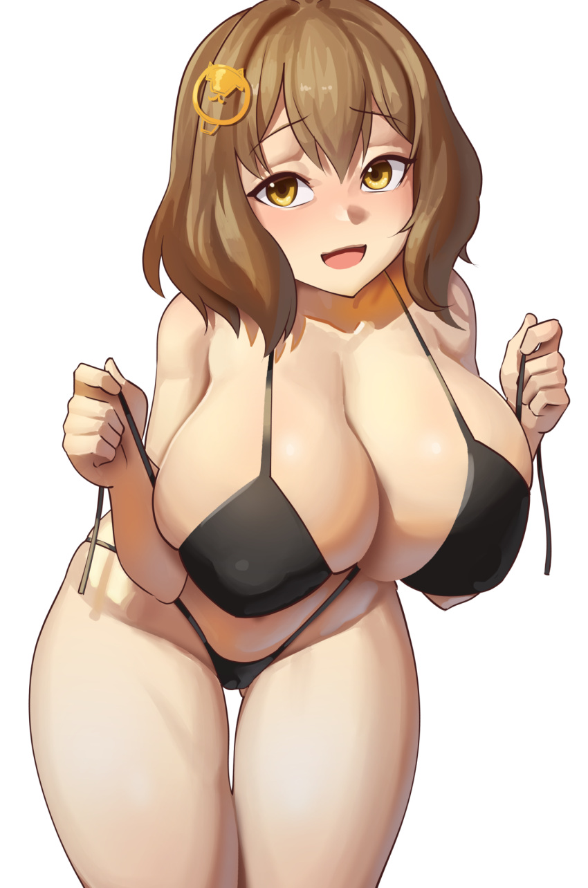 ajidot anis_(nikke) bikini breasts brown_hair cameltoe cleavage goddess_of_victory:_nikke hair_ornament huge_breasts leaning_forward nipple_bulge plump short_hair thick_thighs white_background