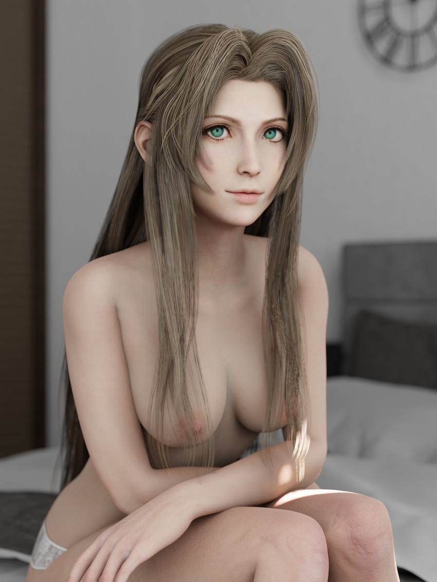 1girls 3d aerith_gainsborough areolae bed breasts female final_fantasy final_fantasy_vii final_fantasy_vii_remake fingers hi_res inchaste light-skinned_female light_skin long_hair looking_at_viewer nipples nude nude_female panties pose sitting thighs