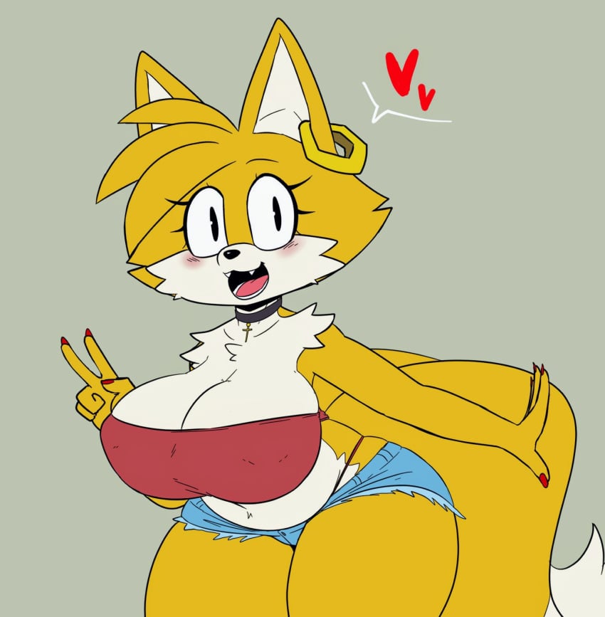 1girls anthro ass berkthejerk big_breasts blush breasts cleavage collar earring embarrassed fang fangs female female_only fox fox_ears fox_girl fox_tail fur furry furry_female furry_only genderswap heart hourglass_figure huge_ass large_breasts navel open_smile peace_sign plump rule_63 sega smile solo sonic_(series) sonic_the_hedgehog_(series) tail tails tailsko teeth thick_thighs tongue v wide_hips