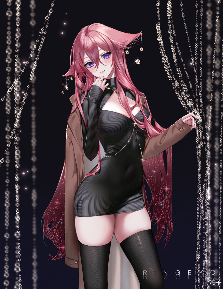 1girls animal_ears big_breasts black_dress black_legwear blush breasts chest cleavage coat dress ear_accessory female female_only genshin_impact hair_between_eyes highres kneesocks legs legwear light-skinned_female long_hair looking_at_viewer navel_visible_through_clothes necklace pale-skinned_female pink_hair purple_hair ring ringeko_chan smile socks solo solo_female standing sweater thick_thighs thighhighs thighs tight_clothing tights very_long_hair yae_miko