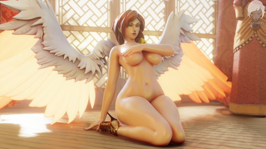 1girls 3d angel angel_wings big_breasts breasts brown_hair completely_nude covered_nipples covering_breasts covering_self female female_only furia_(paladins) heels heels_only hi-rez_studios high_heels kneeling light-skinned_female light_skin looking_at_viewer naked_footwear naked_heels navel nude paladins solo solo_female thick_thighs voluptuous wings yazanios