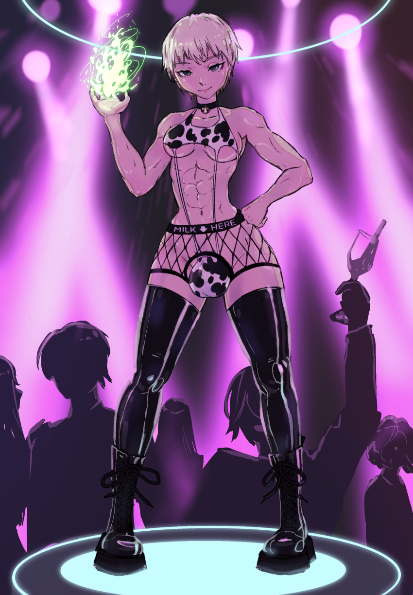 2022 abs balls being_watched big_balls big_breasts black_boots blonde_hair boots clothing collar collarbone colored combat_boots commission cow_print crowd fishnet futanari genitals guiding hair hi_res iarterlyx instructions latex_stockings magic_user muscular muscular_female neon nightclub original_character party pose public purple_background short_hair shorts smile smiling_at_viewer solo