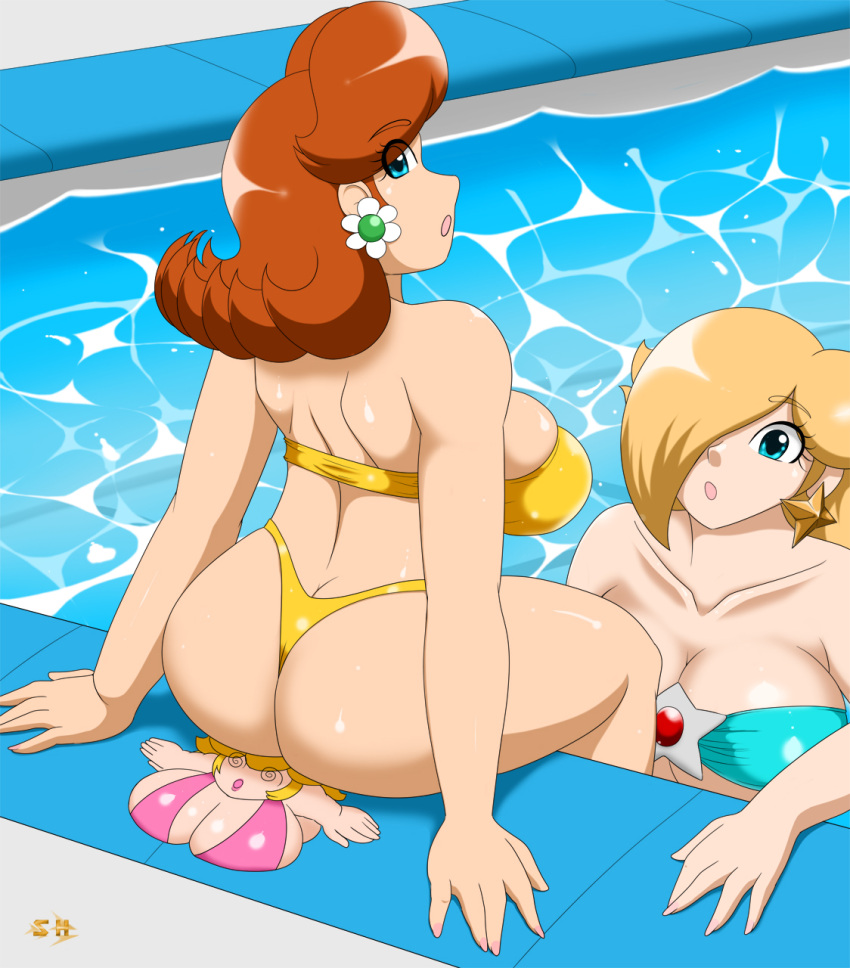 3girls ass big_ass big_breasts big_butt bikini bikini_bottom bikini_top blonde_hair blue_eyes breasts brown_hair busty butt_crush buttcrush_aftermath cleavage curvy earring earrings fat_ass female female_focus female_only flattened flower_earrings large_ass large_breasts light-skinned_female light_skin mario_(series) medium_hair multiple_girls nintendo open_mouth pool princess_daisy princess_peach princess_rosalina shrunk shrunken_woman sideboob sitting sitting_on_person speeds squash squashed squished star_earrings swimwear tagme thick_ass thick_thighs thighs voluptuous