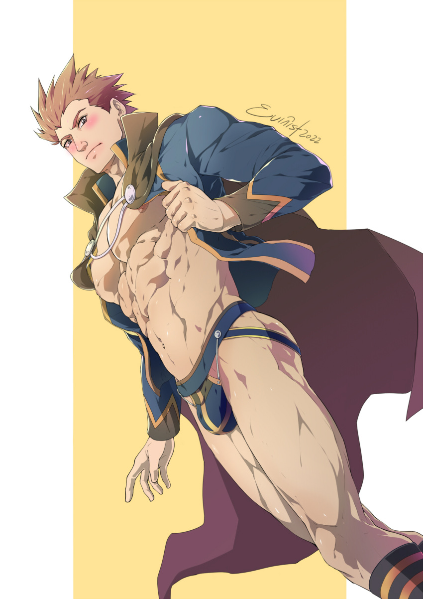 bulge embarrassed evinist jockstrap lance_(pokemon) looking_at_viewer male male_only muscles muscular muscular_male open_coat pokemon pokemon_gsc pokemon_rgby